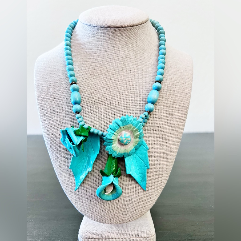 Blue Turquoise Rose Calla Lily Daisy Wood Paper Mache Necklace Made Philippines